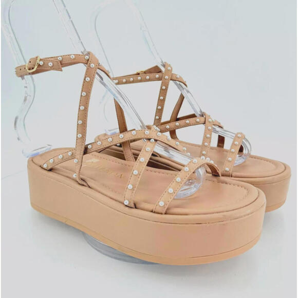 STUART WEITZMAN Women’s Size 10 B Summerlift Pearls Platform Strap‎ Sandals Tan - Picture 1 of 13